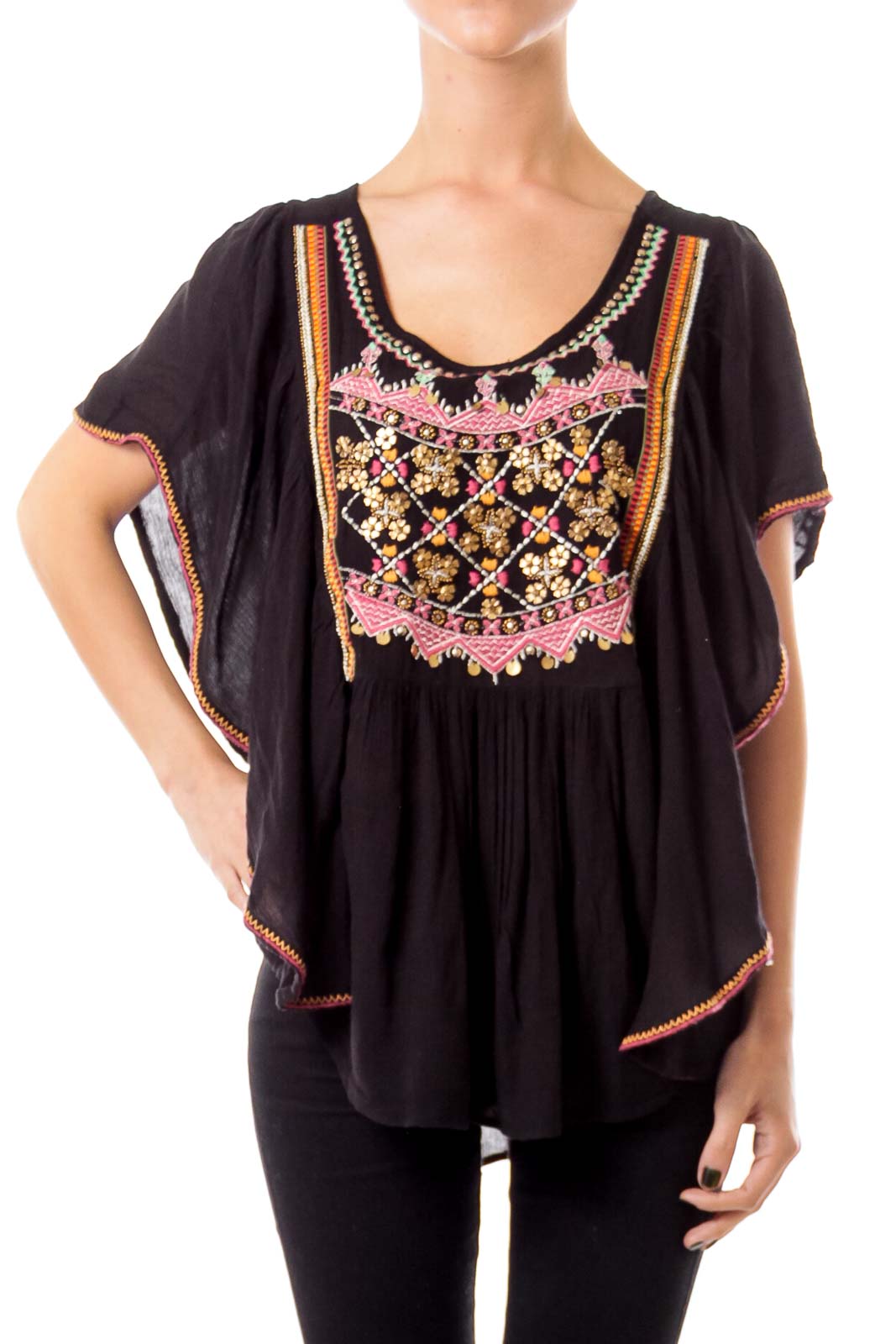 Black Embroidered Bat Sleeve Top Front