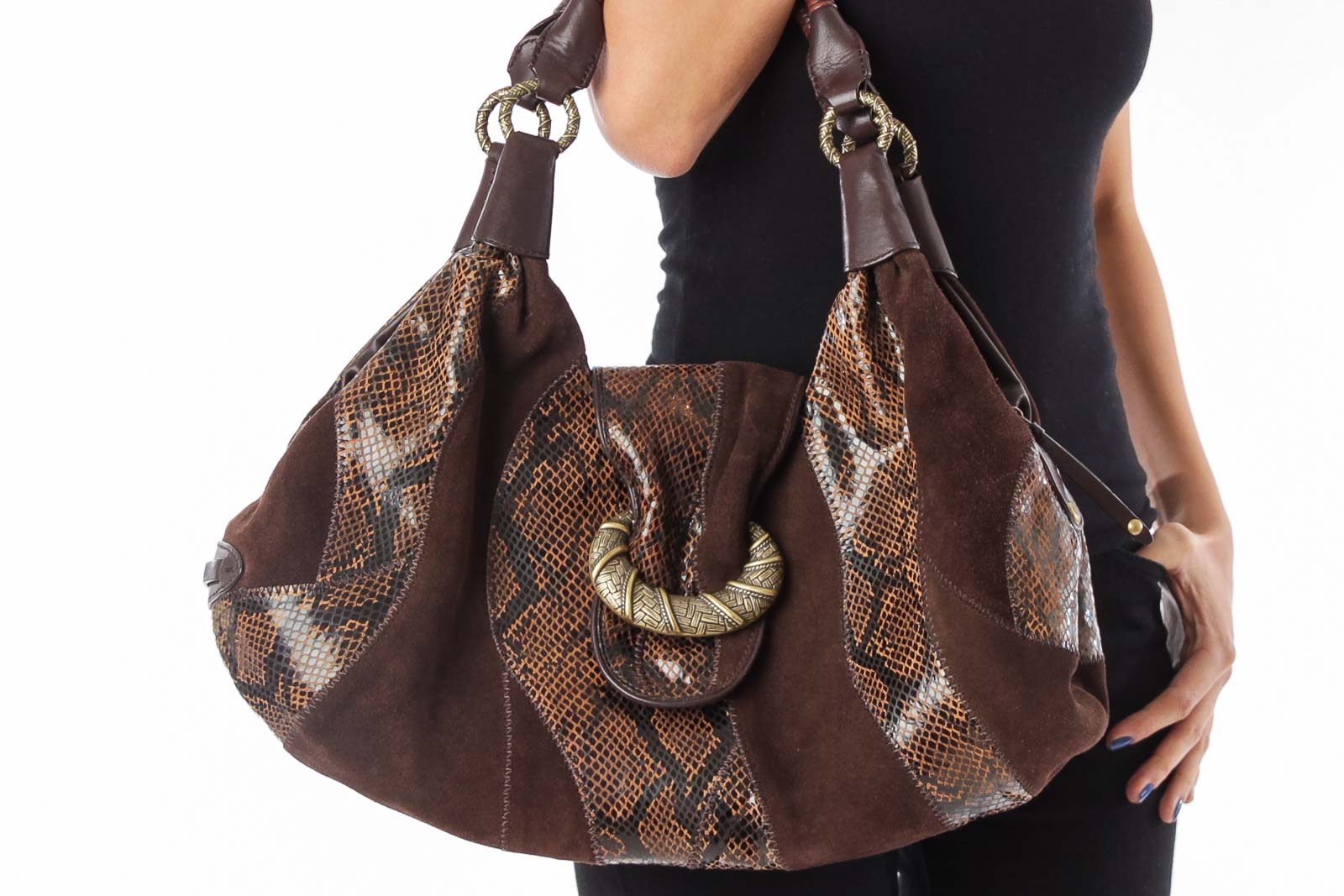 Brown Suede & Snake Leather Patch Bag Front