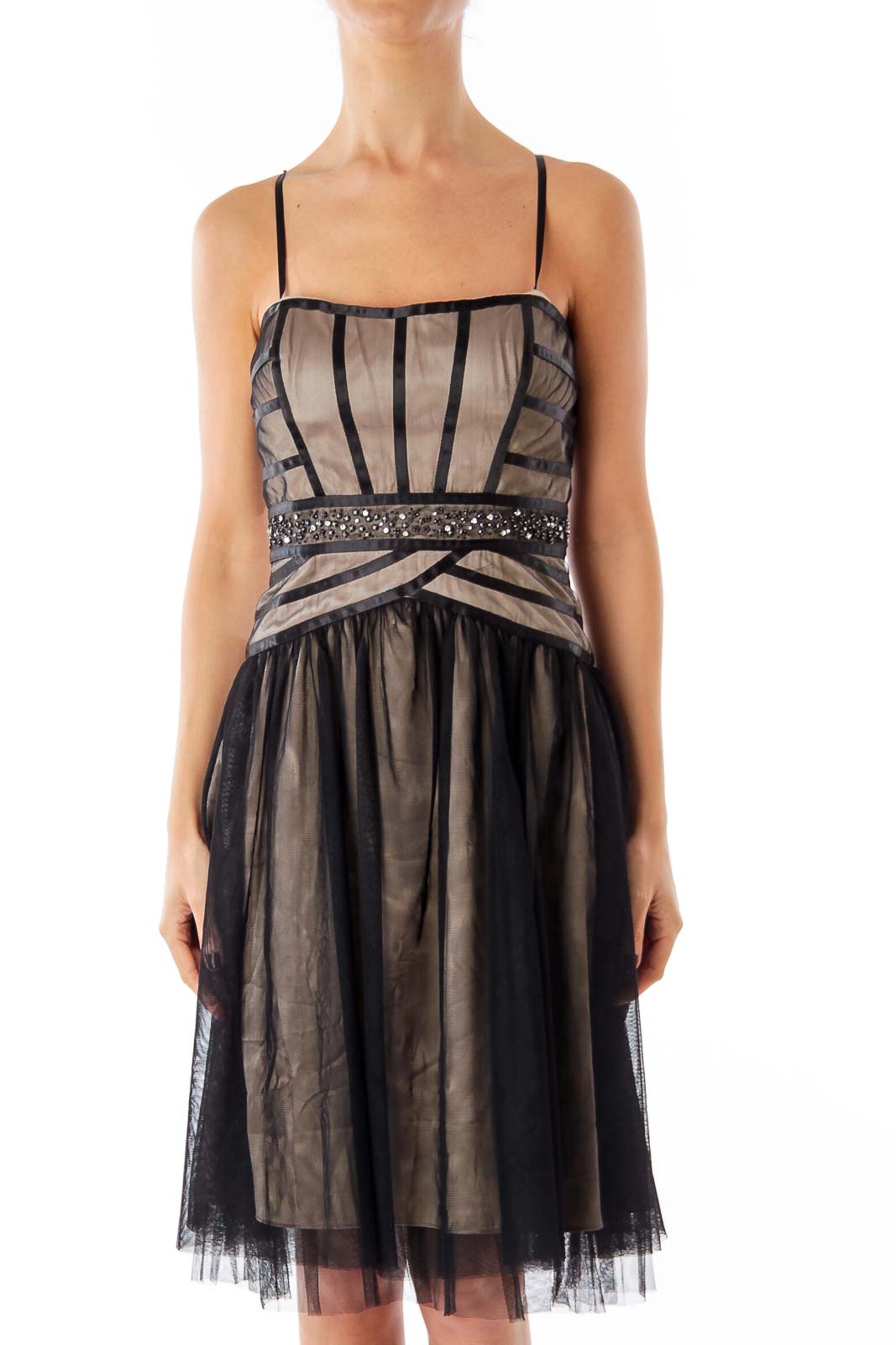 Black Shear Stripe Strapless Dress Front