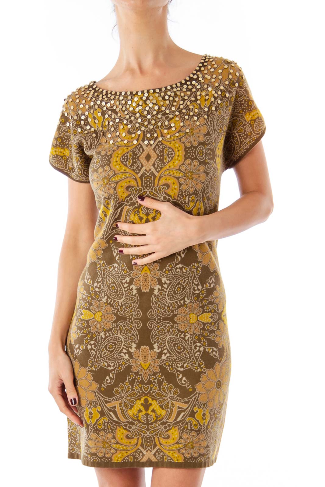 Brown Flower Print Knit Dress Front