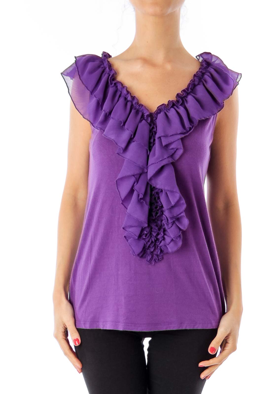 Purple Ruffle V-Neck Top Front