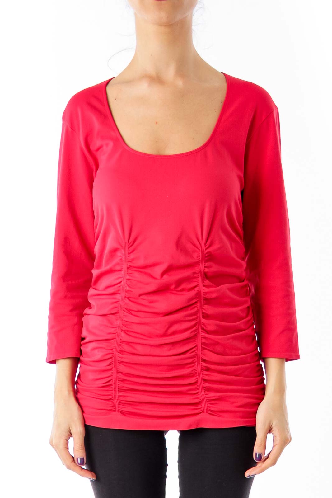 Red Ruffle Quarter Sleeve Top Front