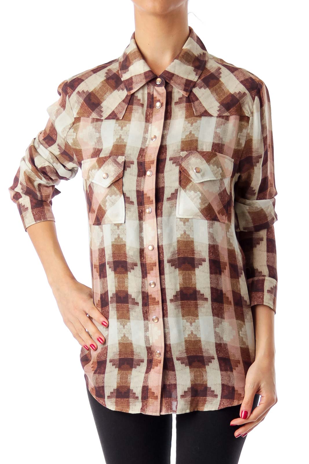 Brown Beige & Pin Geometric Pattern Button Down Shirt Front
