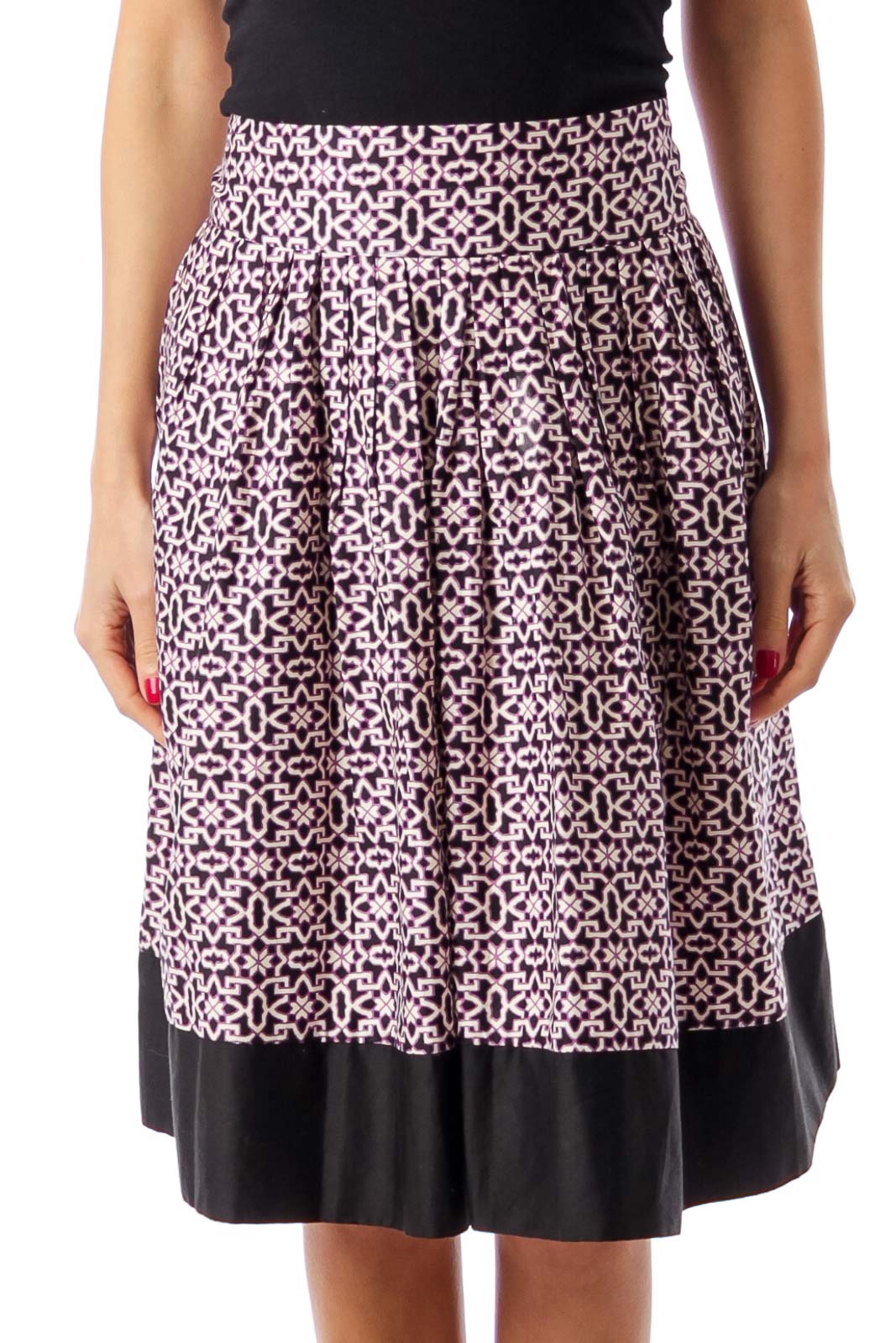 Black & Purple Pattern Printed Pleat Skirt Front