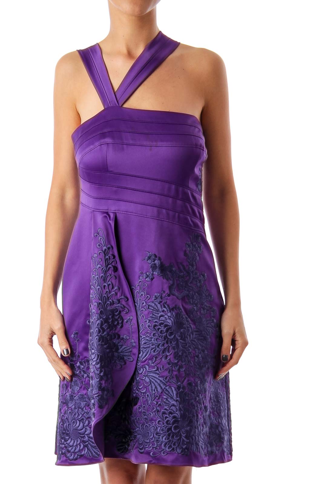 Purple Asymmetric Embroidered Dress Front