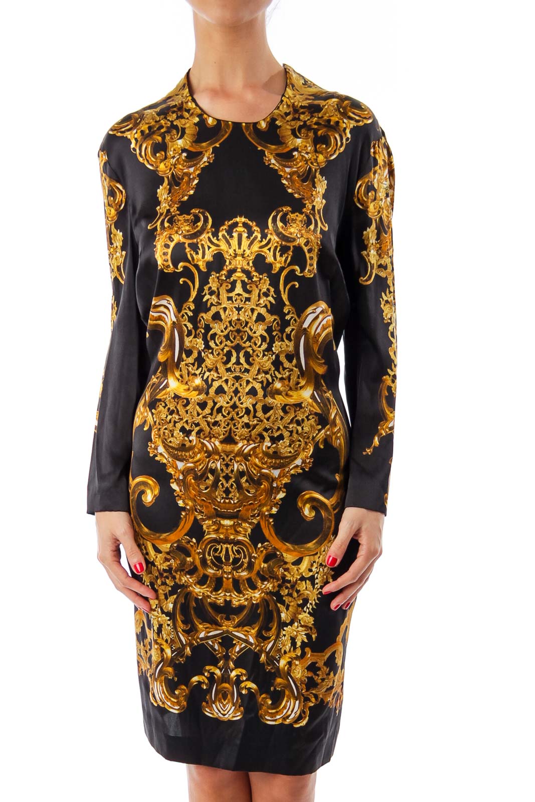 Black & Gold Print Silk Dress Front