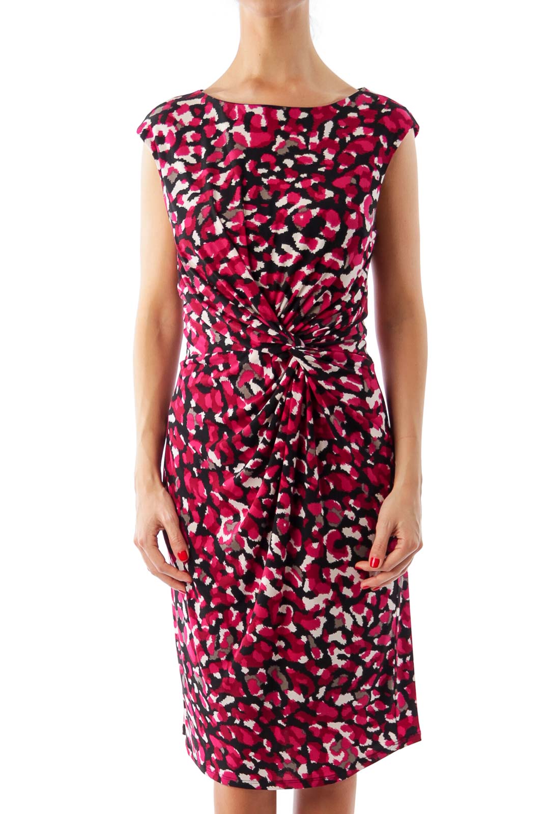 Black & Coral Pattern Print Scrunched Dress Front