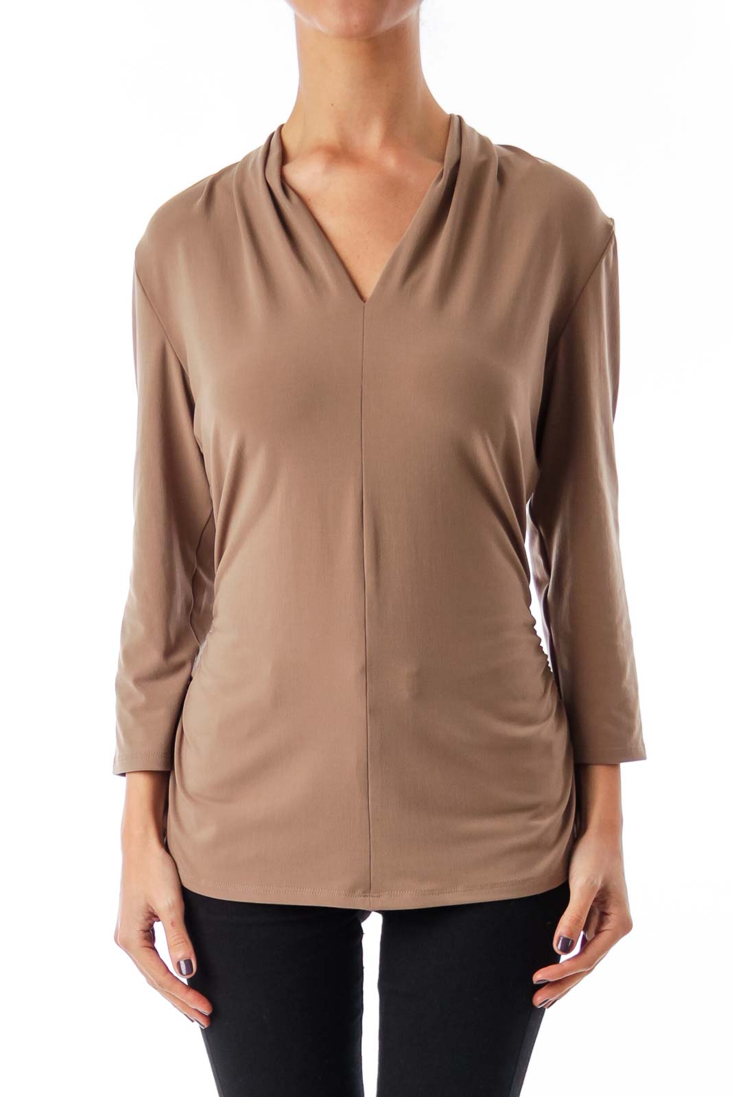 Taupe Stretch V-neck Top Front