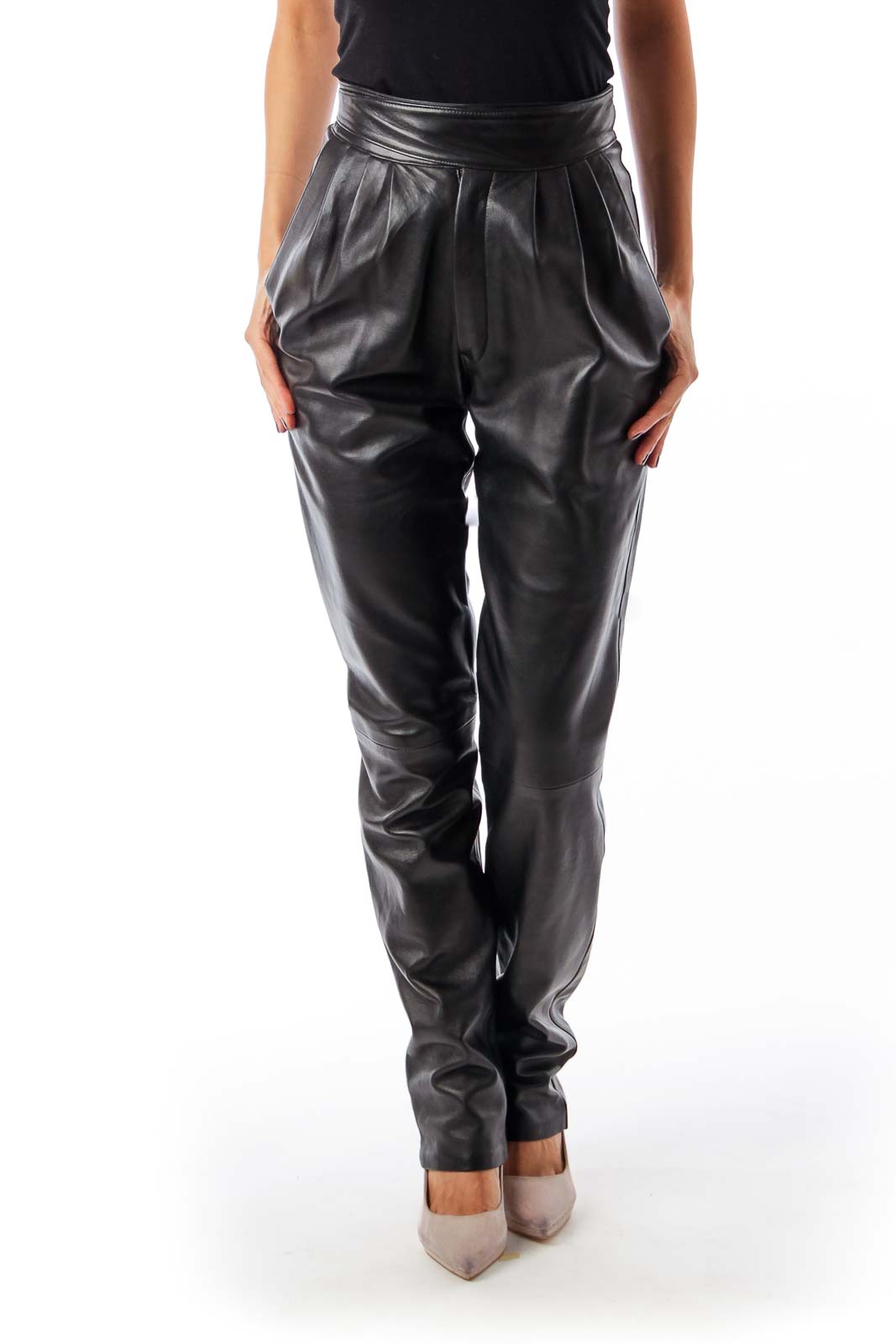 Black Vintage High Waist Leather Pants Front