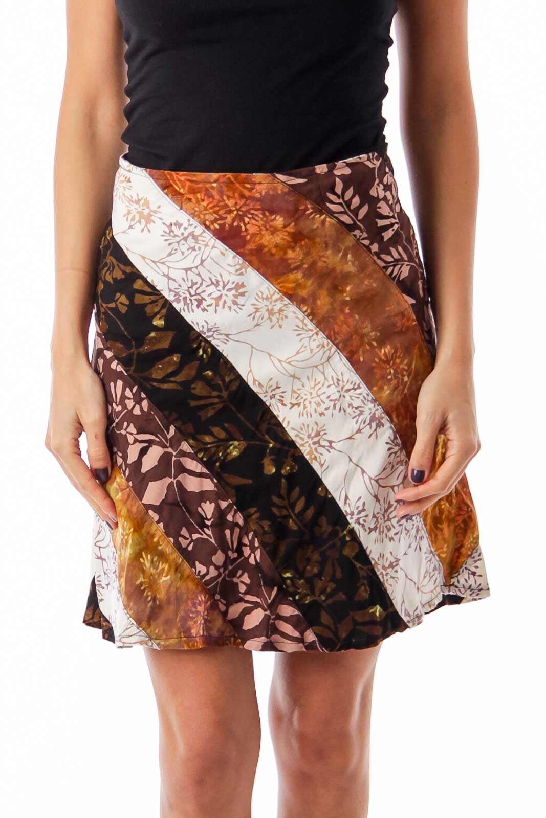 Brown & White Leaves Printed A-Line Skirt Front