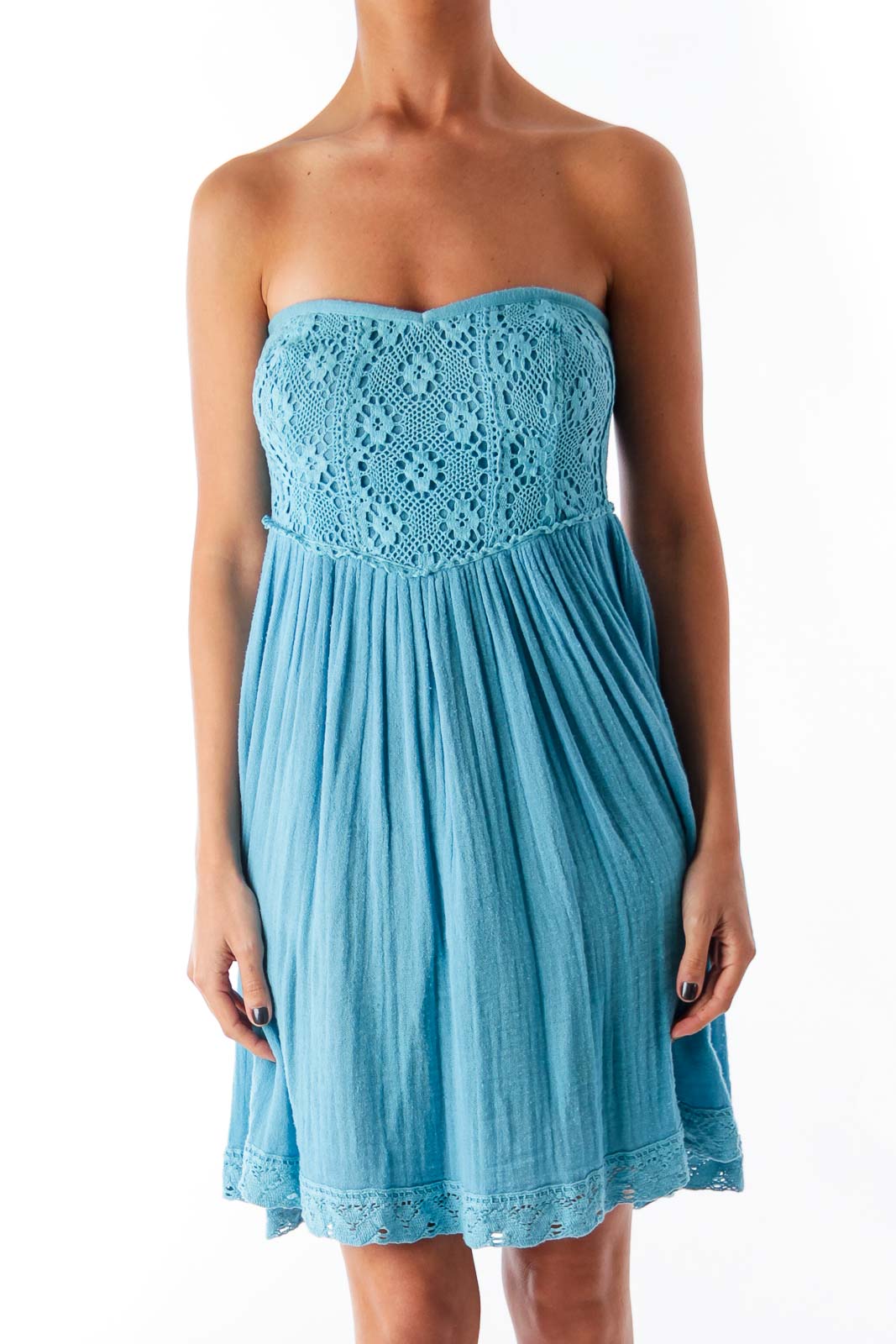 Blue Strapless Crochet Dress Front