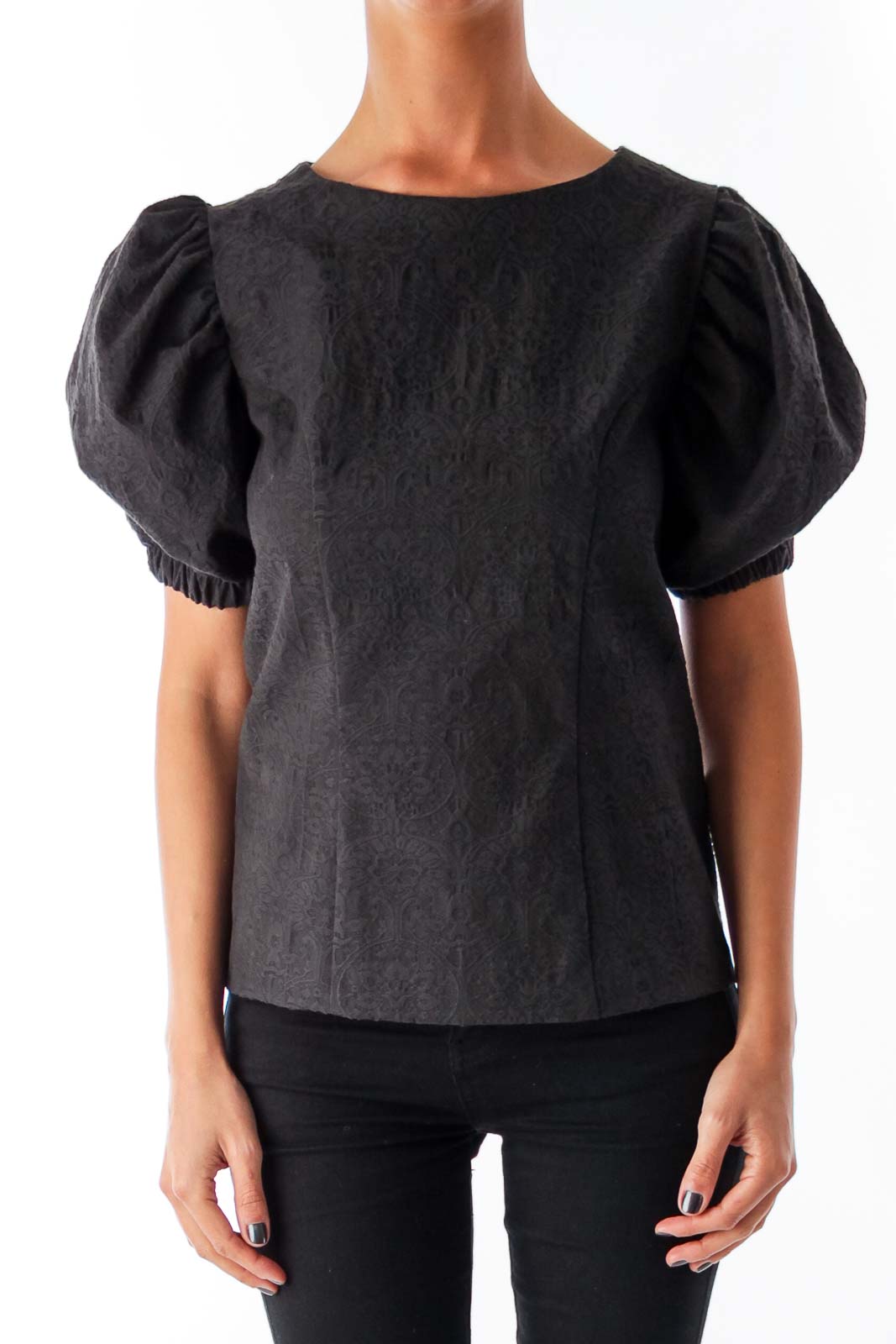 Black Jacquard Puff Sleeve Blouse Front