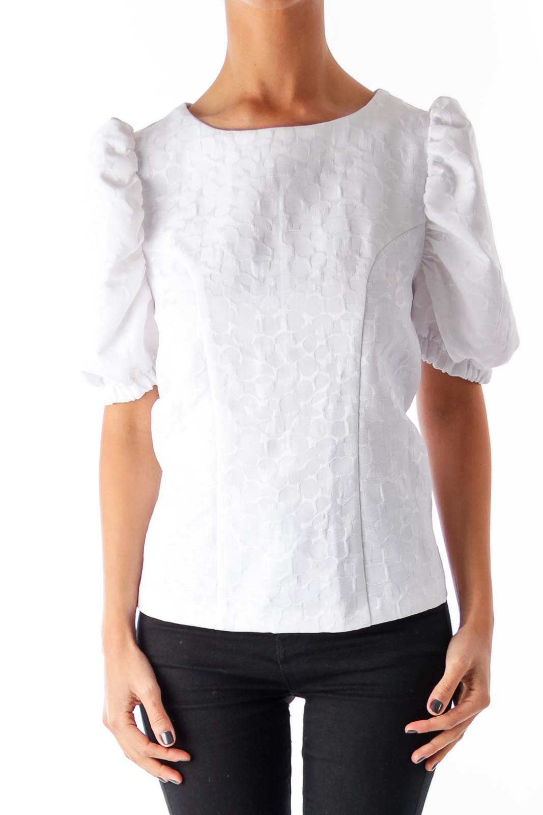 White Jacquard Puff Sleeve Blouse Front