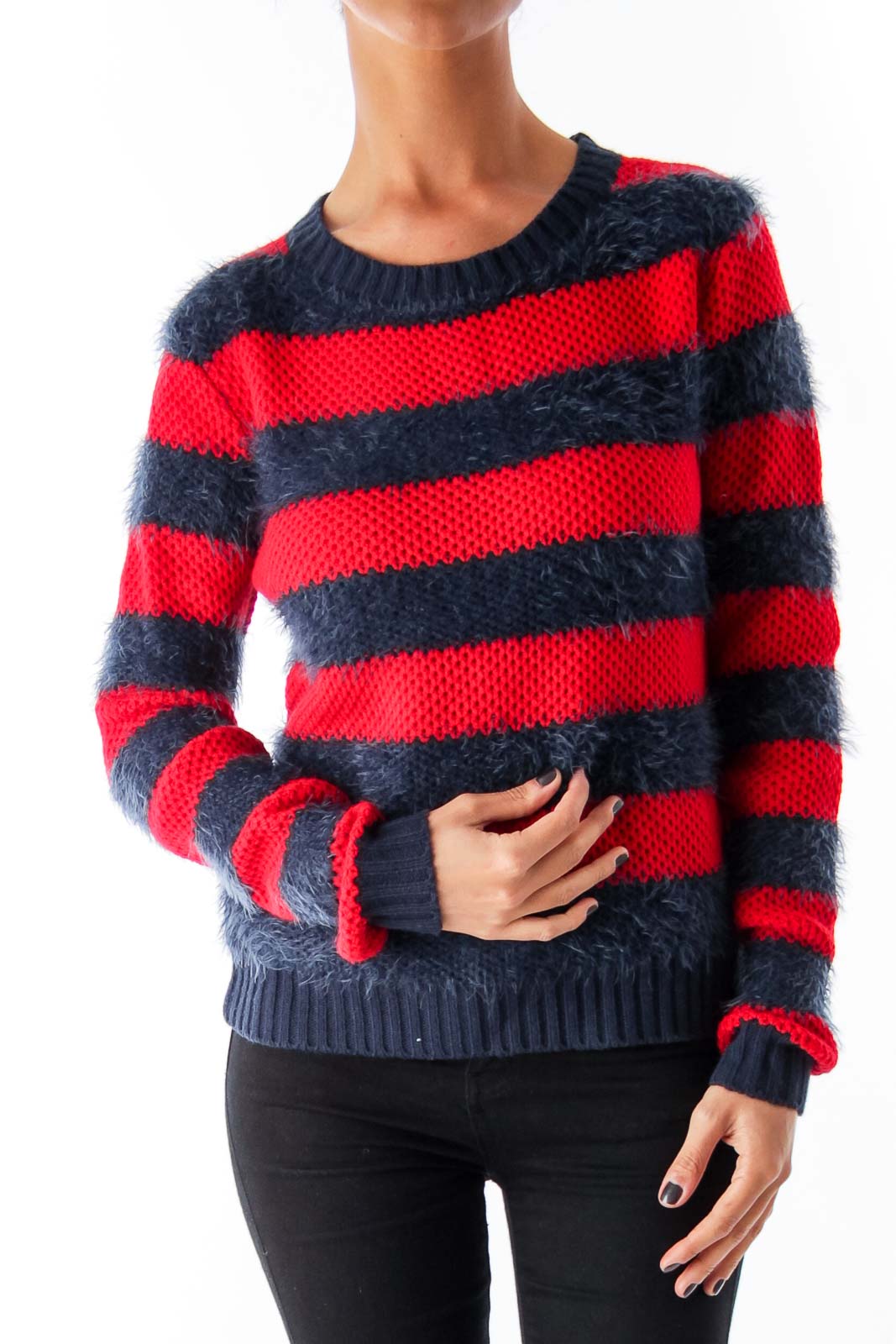 Red & Navy Stripe Sweater Front