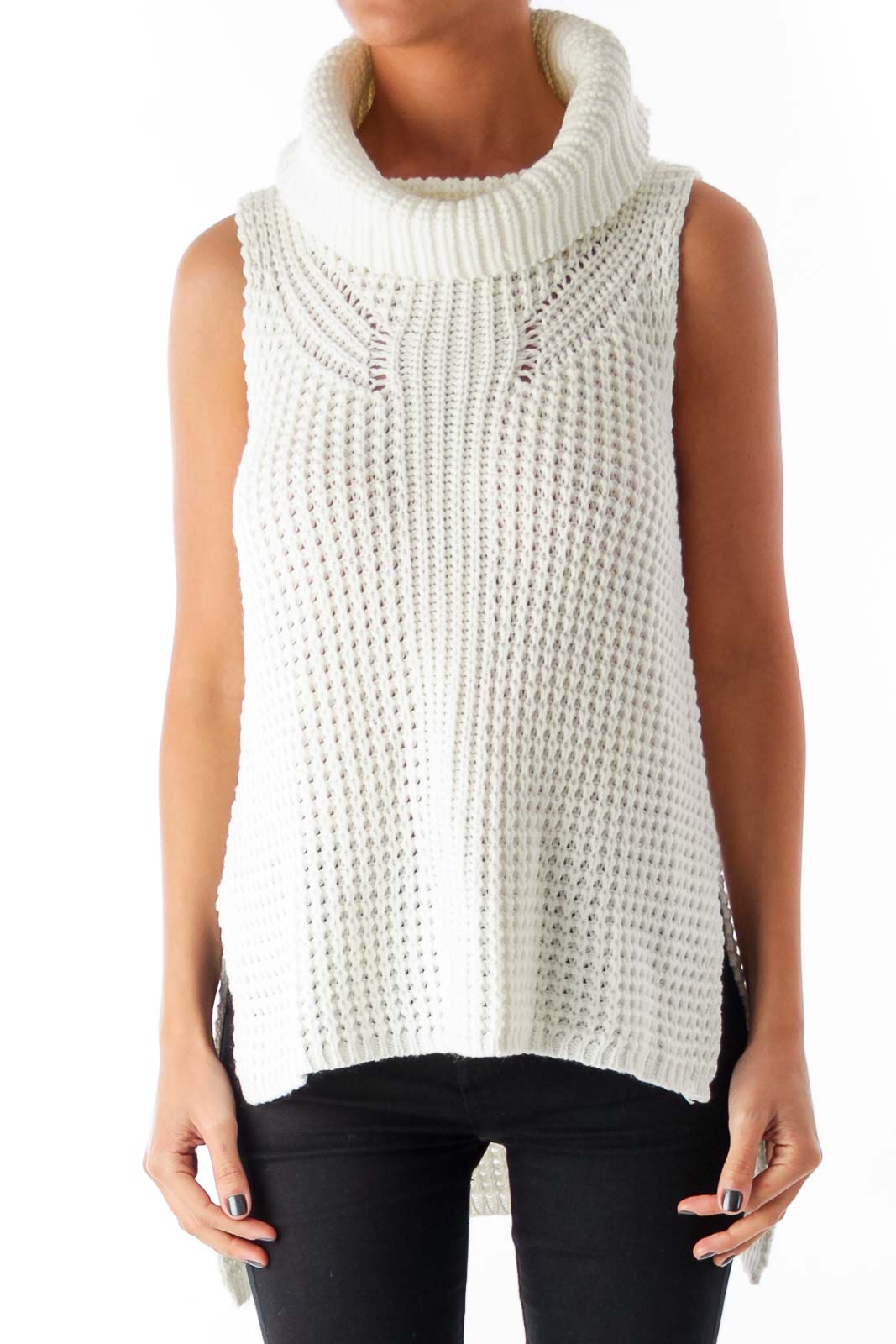 White Turtleneck Sleeveless Knit Front
