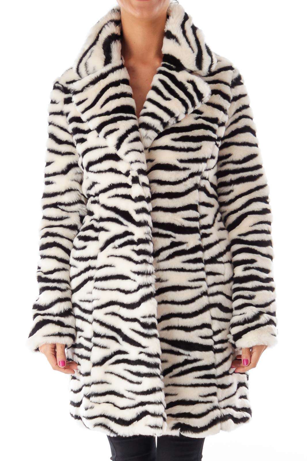 Black & White Zebra Faux Fur Coat Front