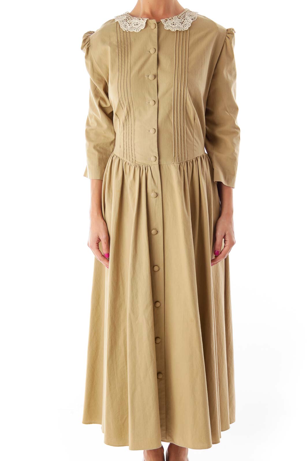 Brown Vintage Lace Details Dress Front
