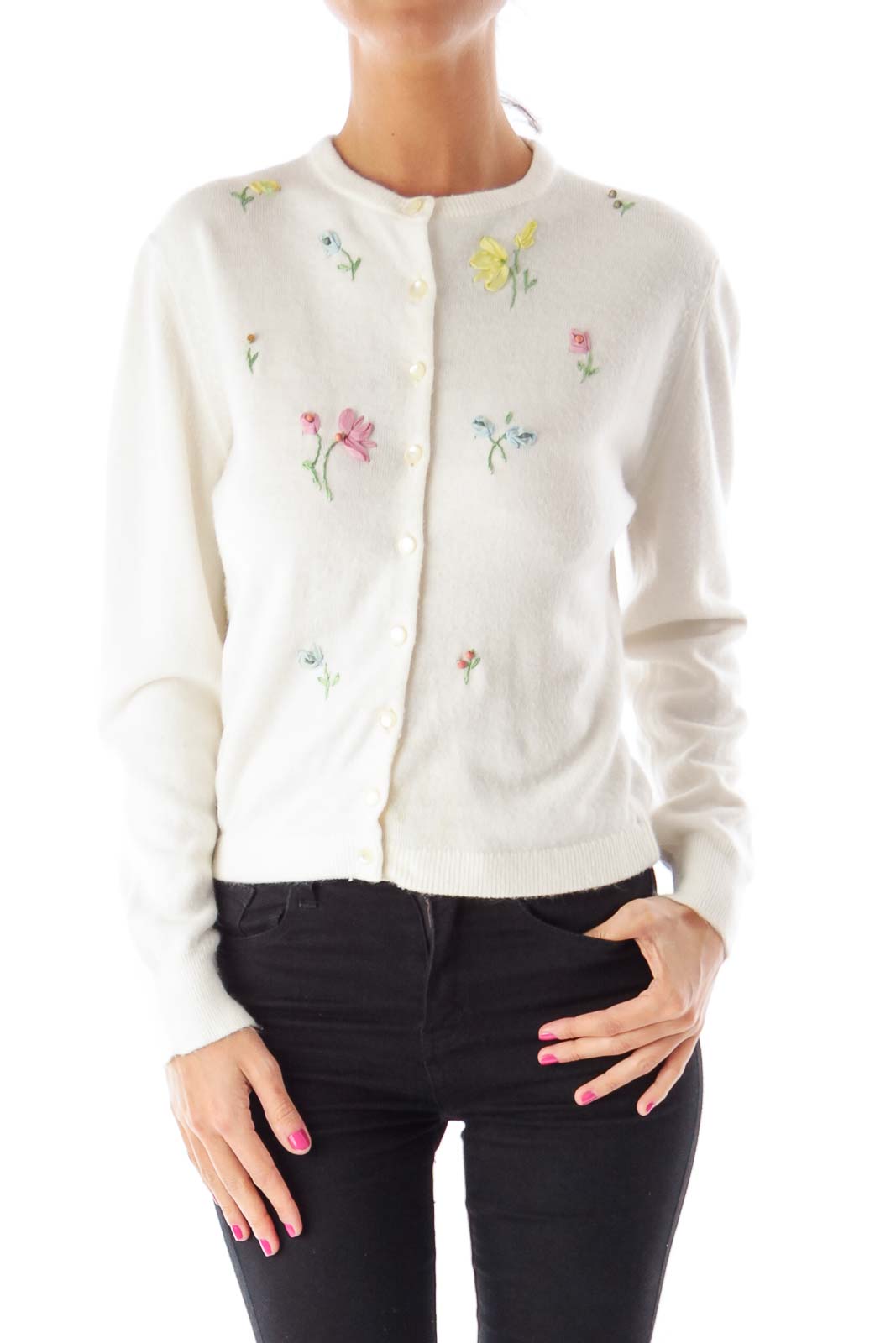 Beige Floral Embroidery Vintage Sweater Front