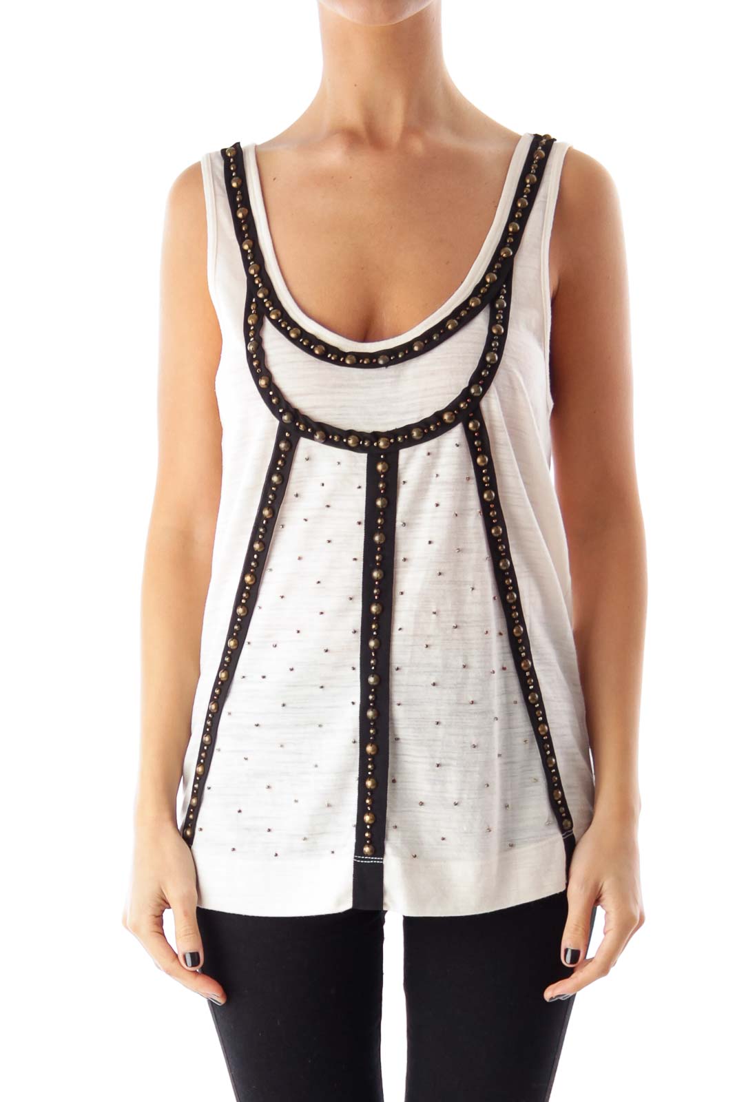 Beige & Black Embroidered Top Front
