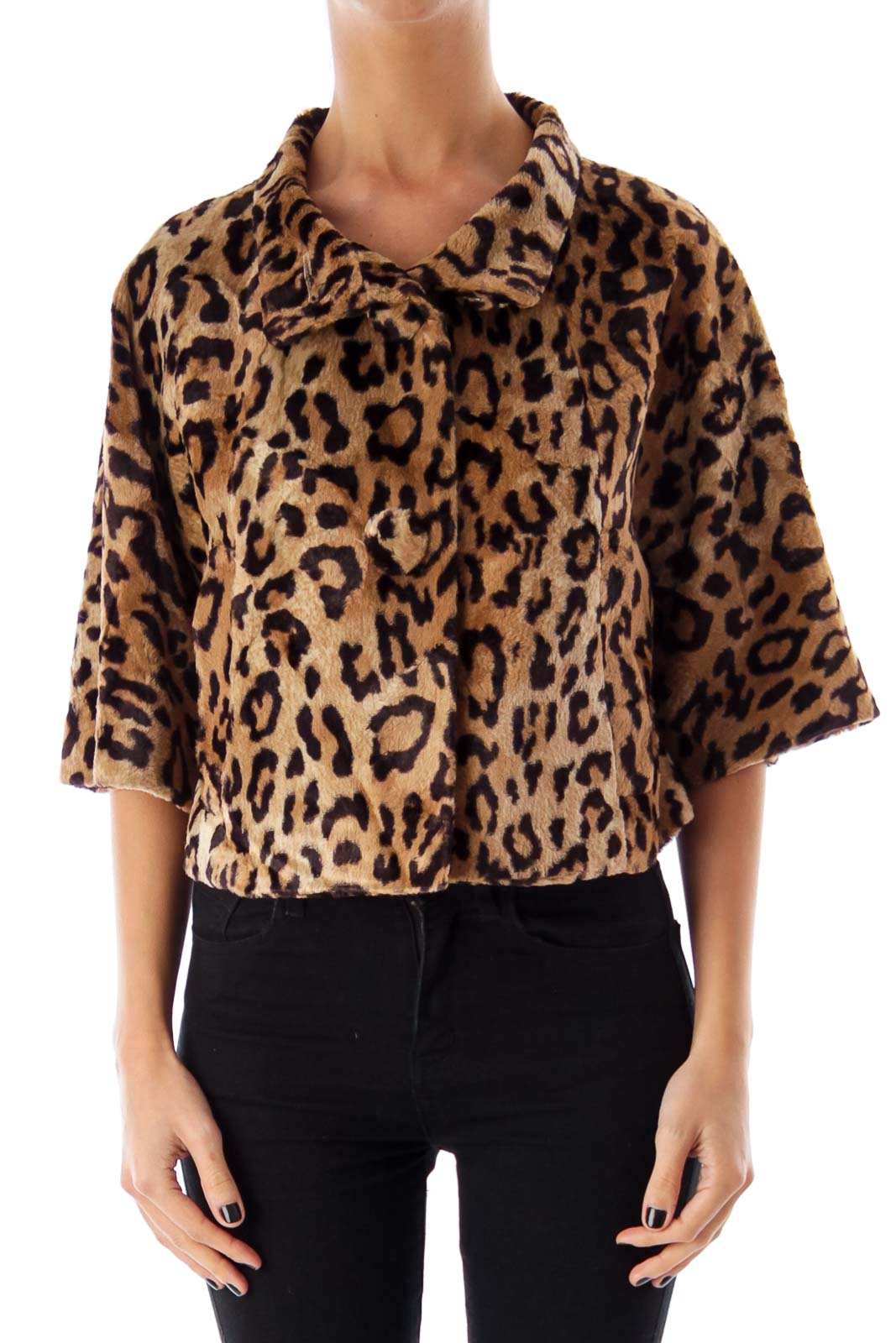 Leopard Print Faux Fur Crop Coat Front