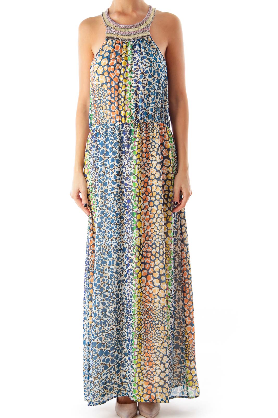 Multicolor Print Embellished Maxi Dress Front