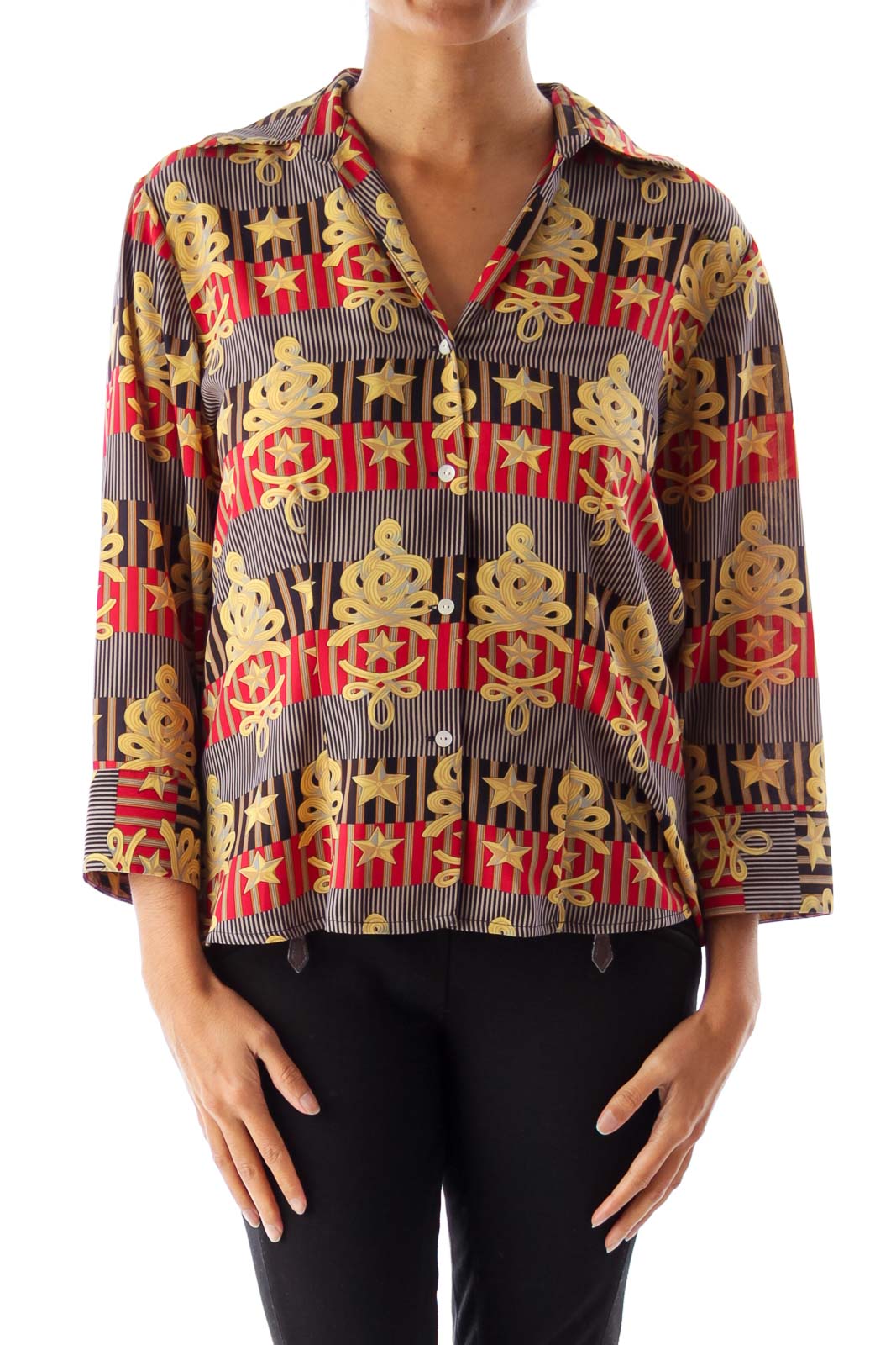 Navy & Red Print Blouse Front