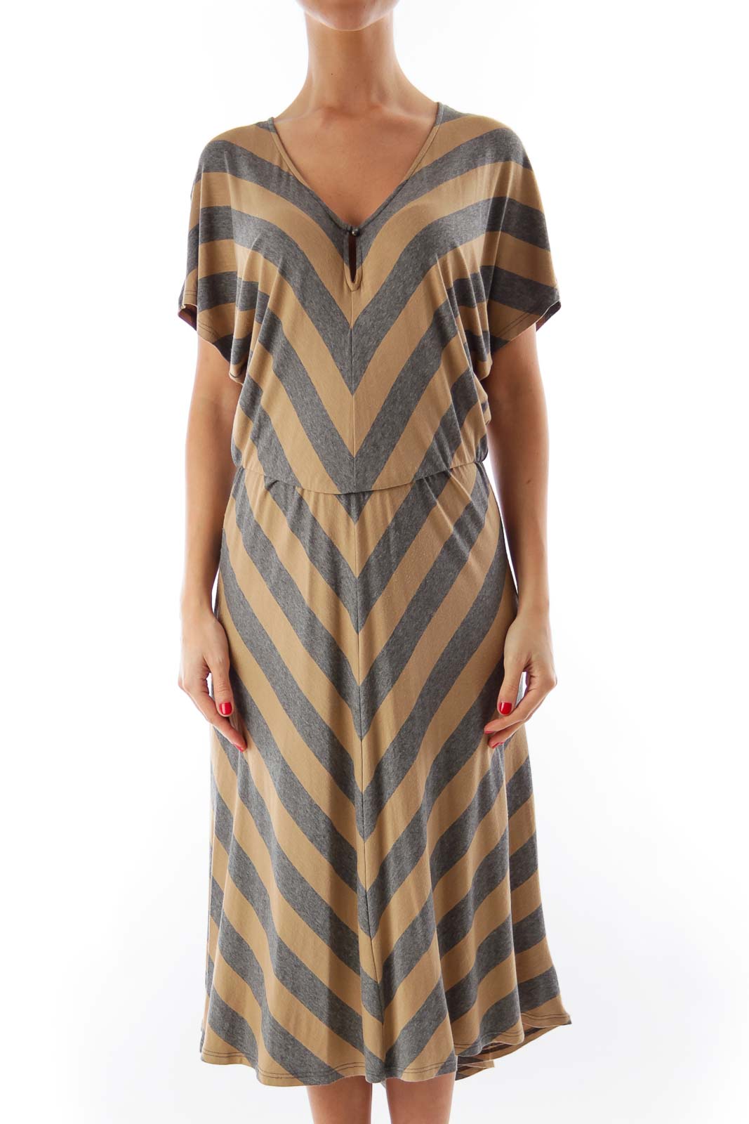 Beige & Gray Stripe Dress Front