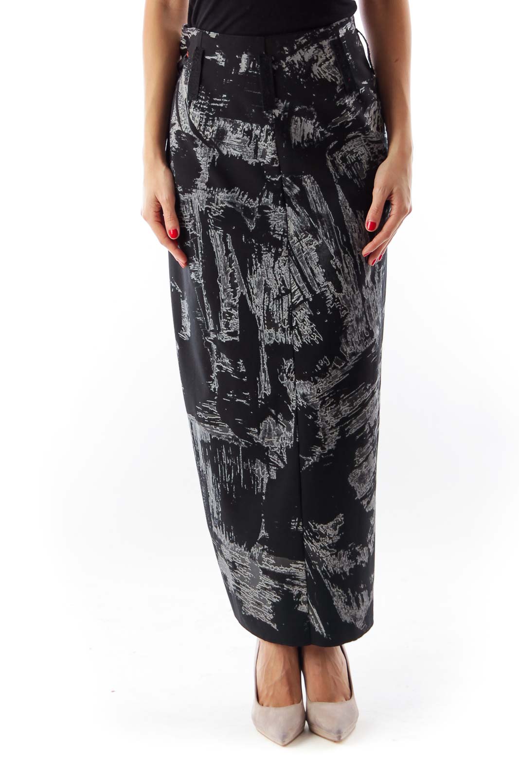Black & Gray Print Midi Skirt Front