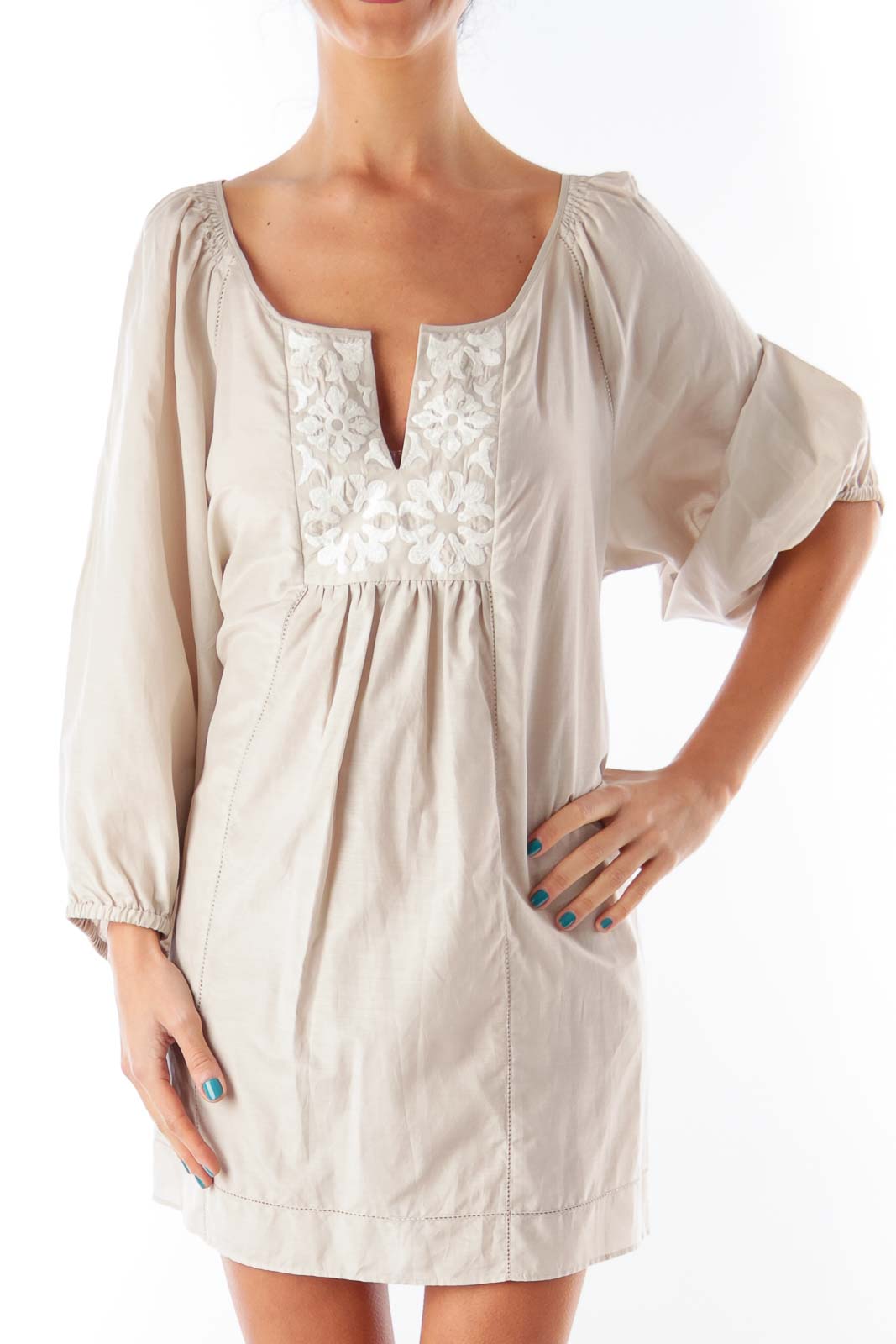 Taupe Floral Embroider Blouse Front