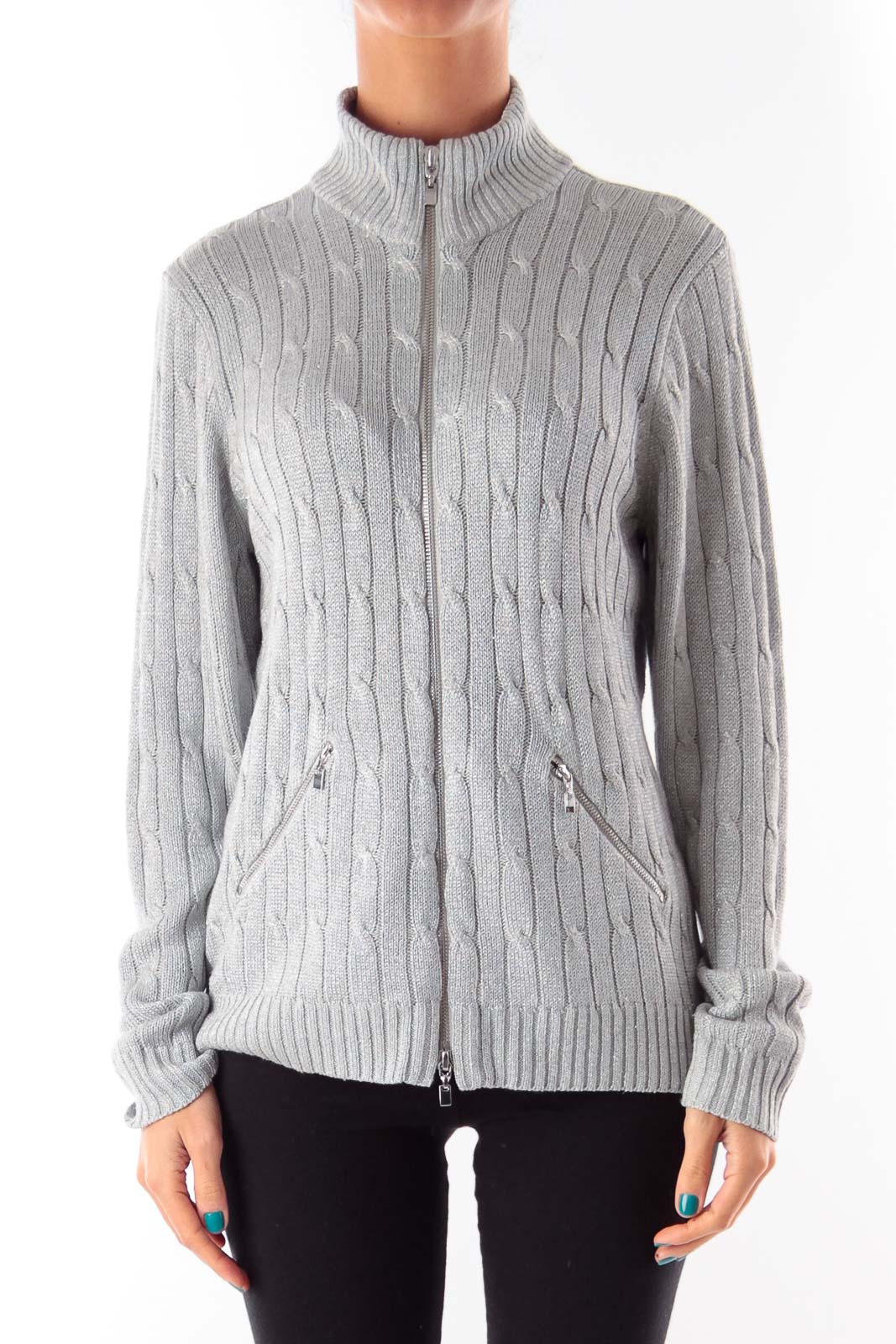 Silver Cable Knit Cardigan Front
