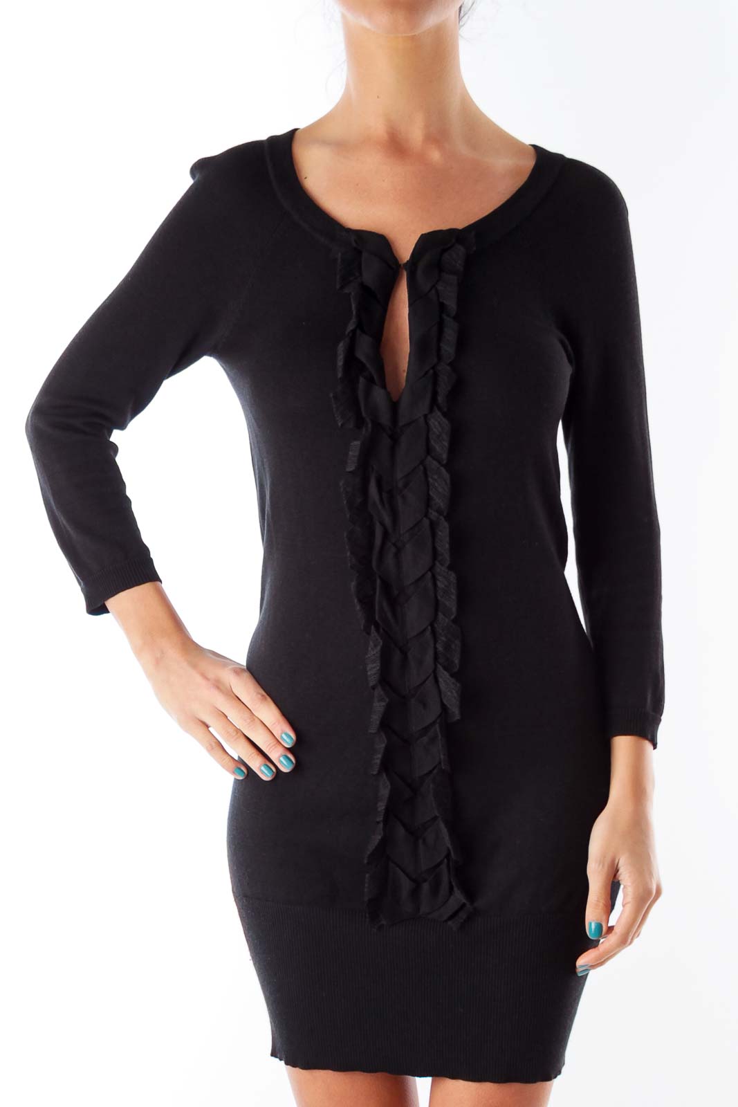 Armani Exchange - Black Ruffle Sweater Dress Cotton Silk | SilkRoll