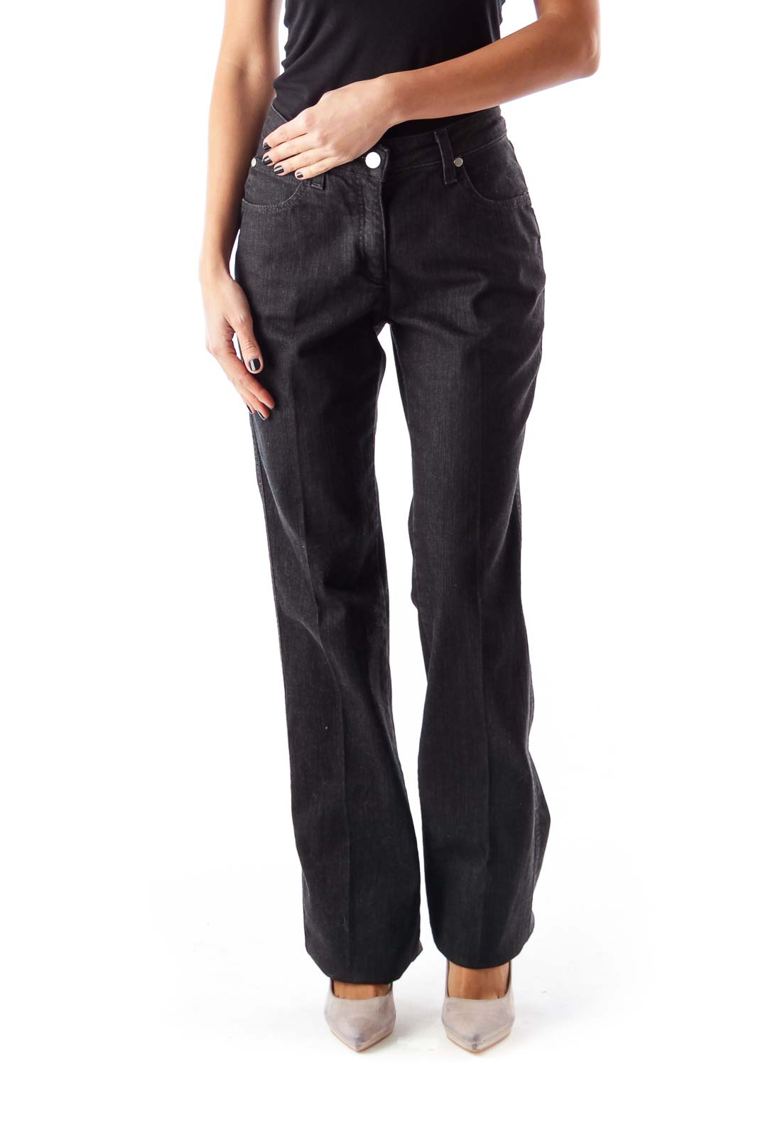 Black Mid-Waist Flare Jeans Front