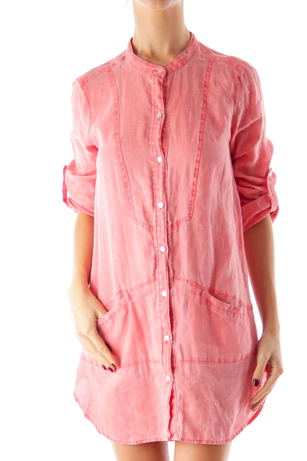 Coral Linen Shirt Dress Front