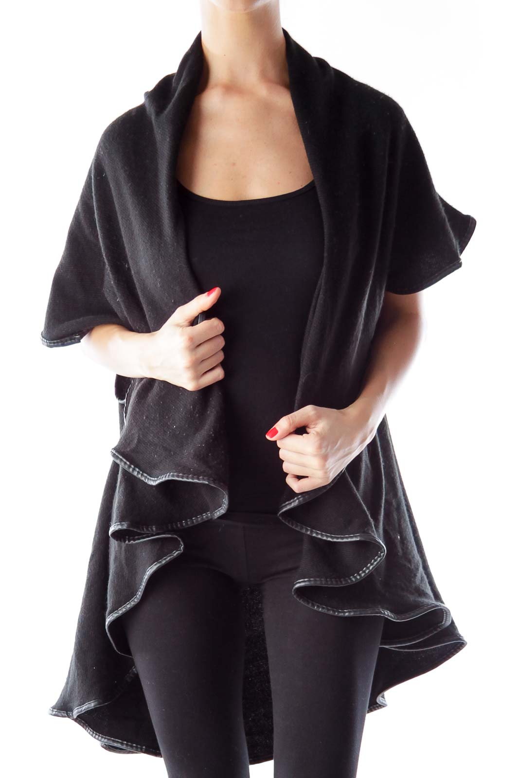 Black Ruffle Leather Detail Cape Front