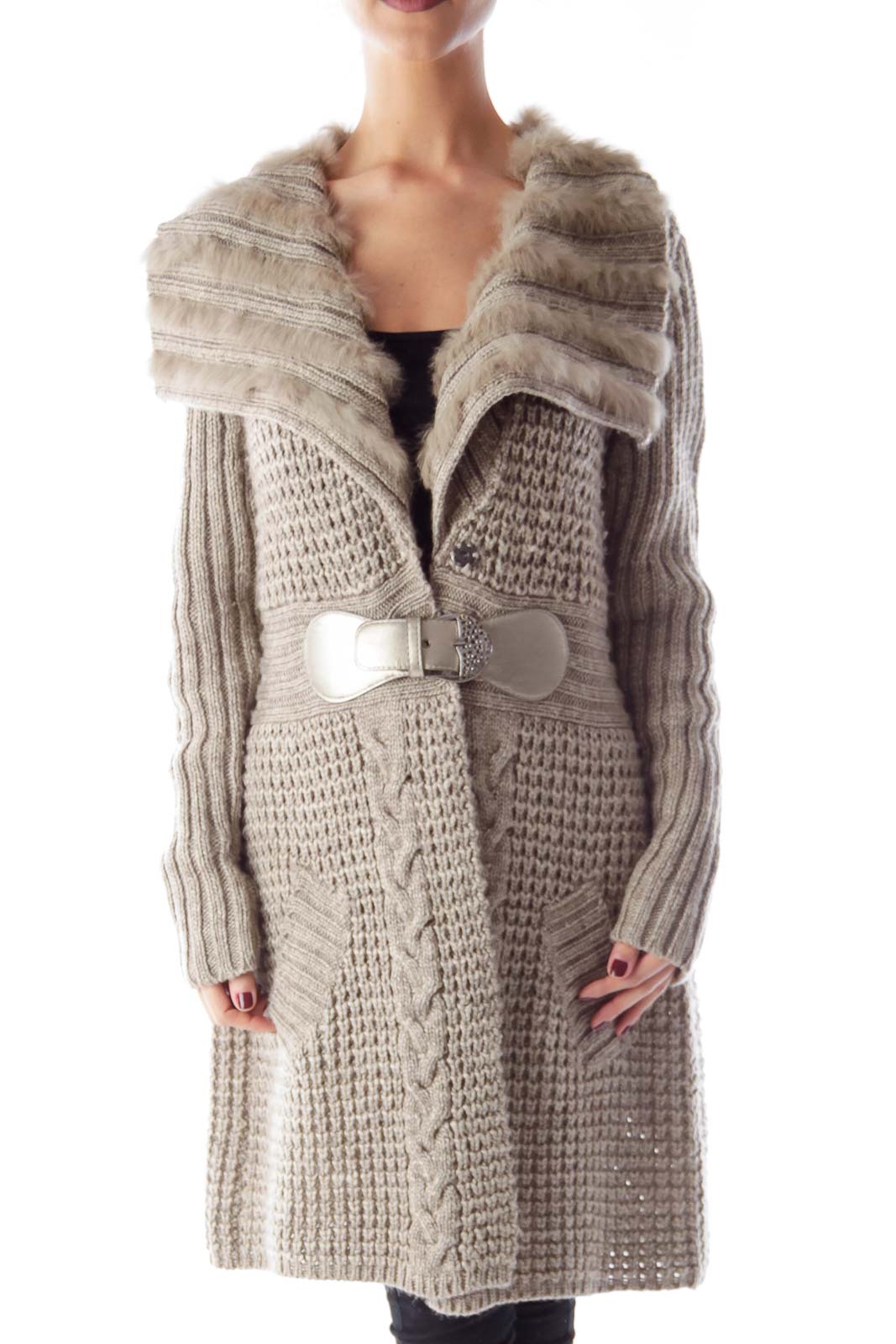 Gray Fur Long Knit Coat Front