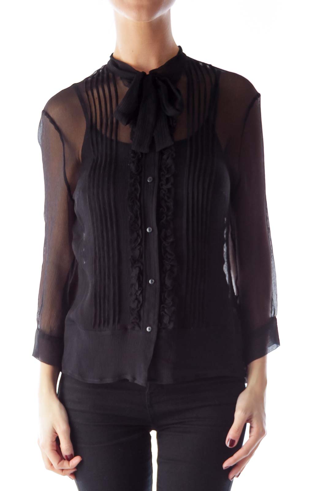 Black See Through Ruffle Blouse Front