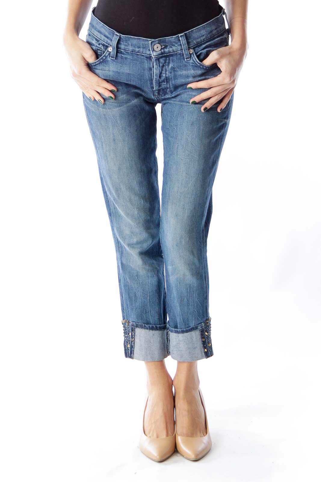 Blue Washed Cropped Jeans Front