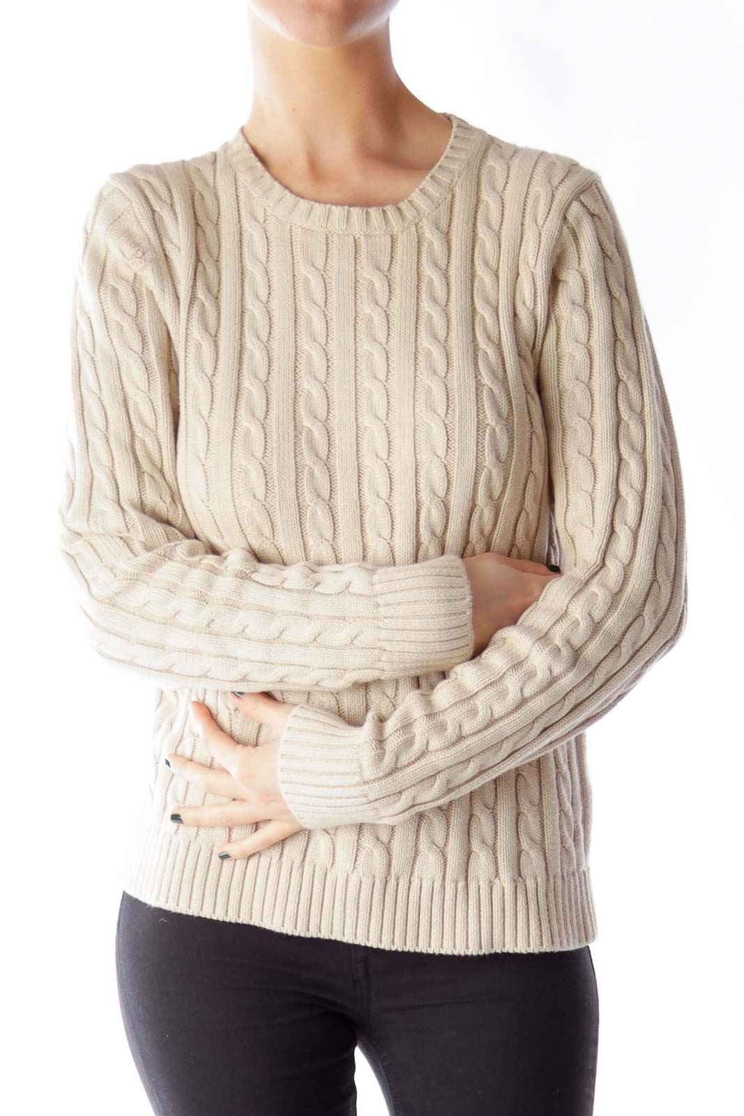 Beige Cable Knit Sweater Front