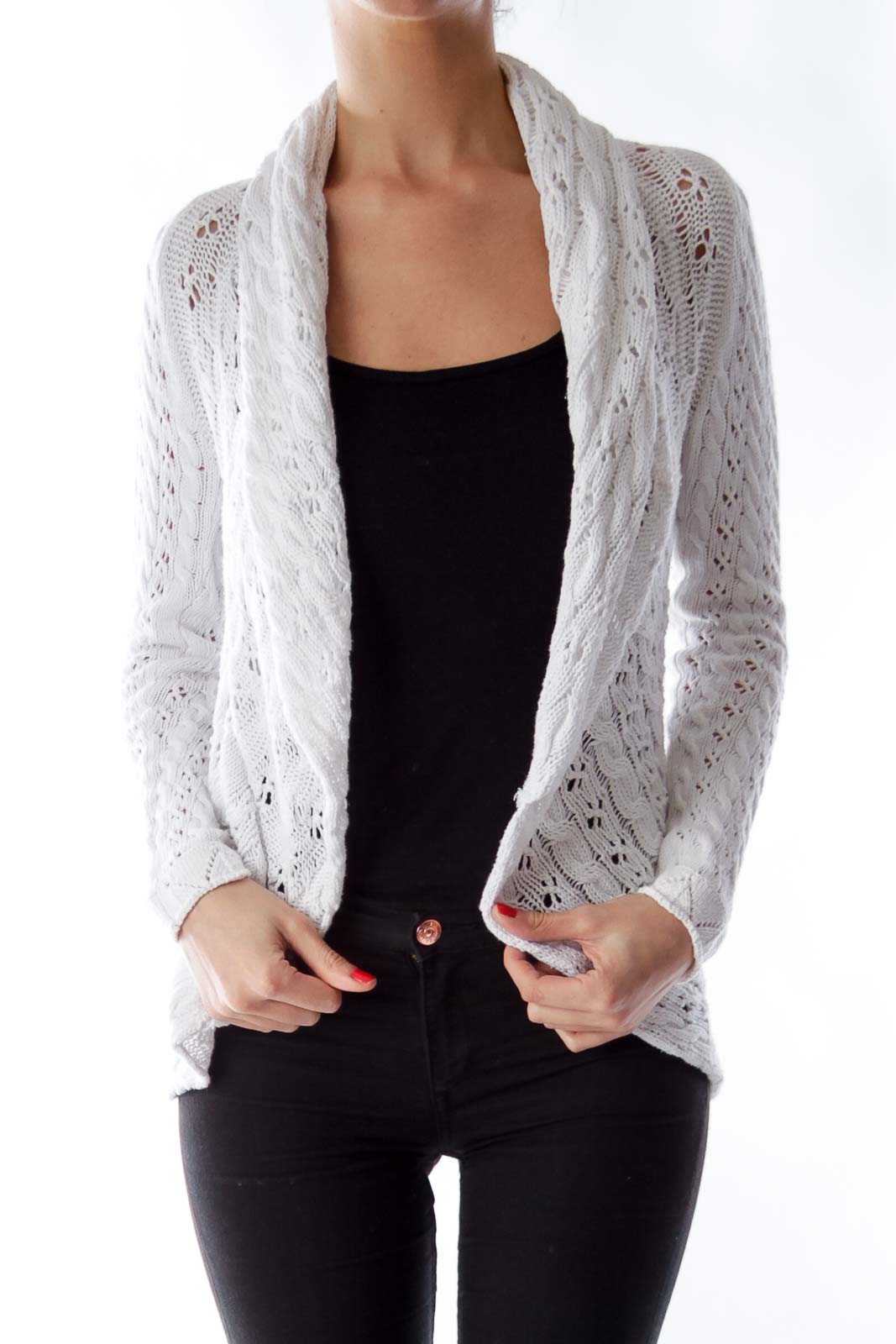 White Cable Knit Cardigan Front