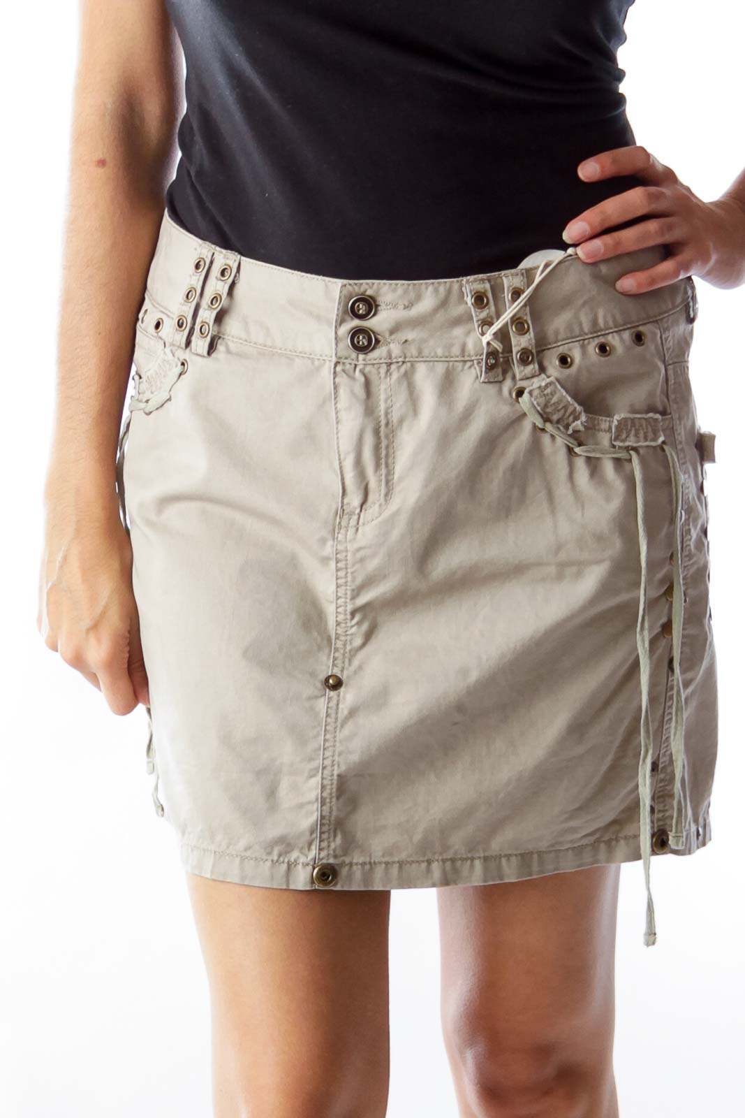 Khaki Studded Mini Skirt Front