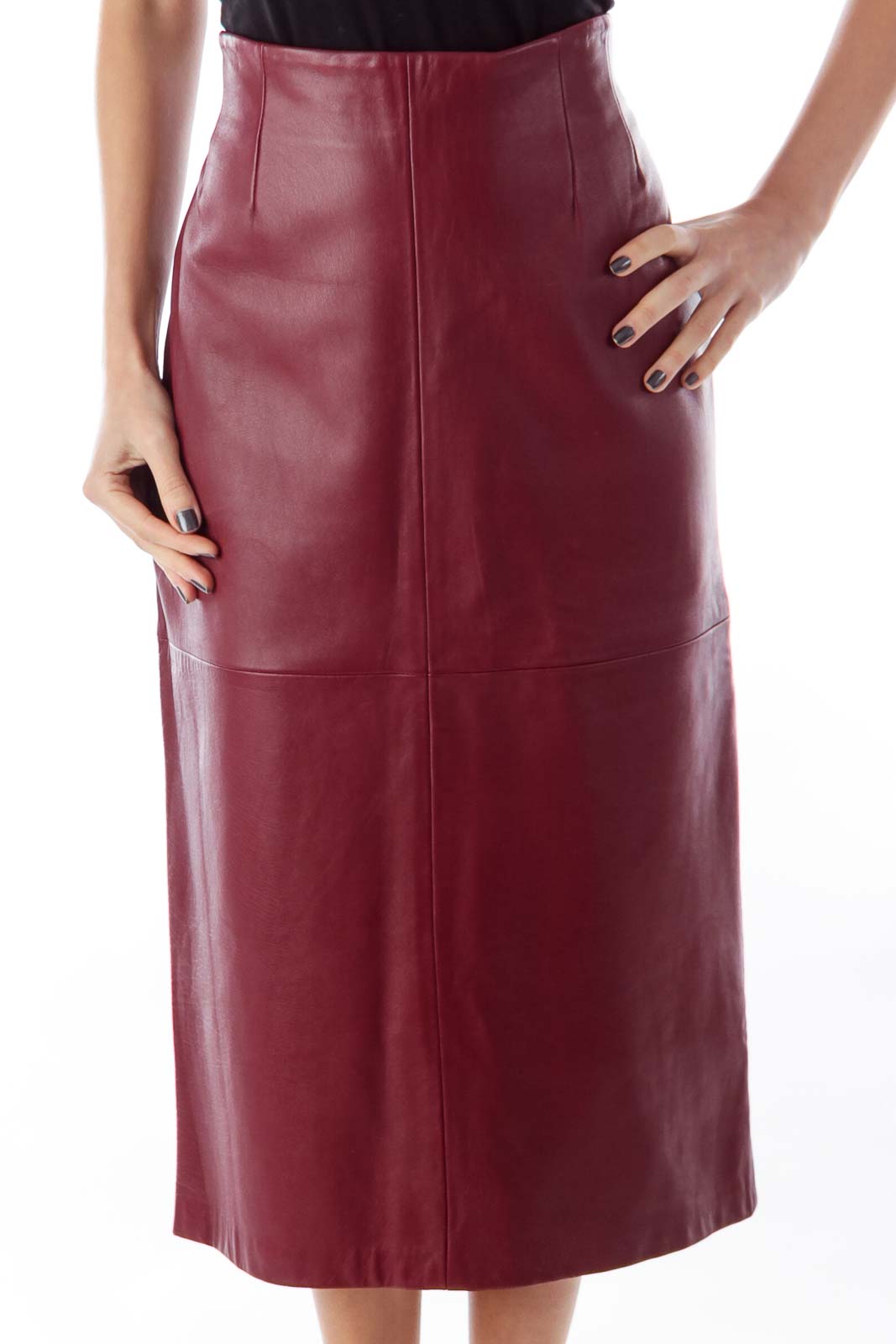 Burgundy Midi Leather Skirt Front