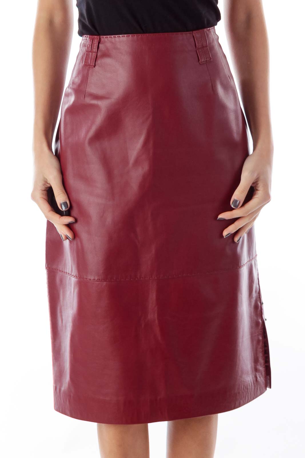 Red Leather Midi Skirt Front