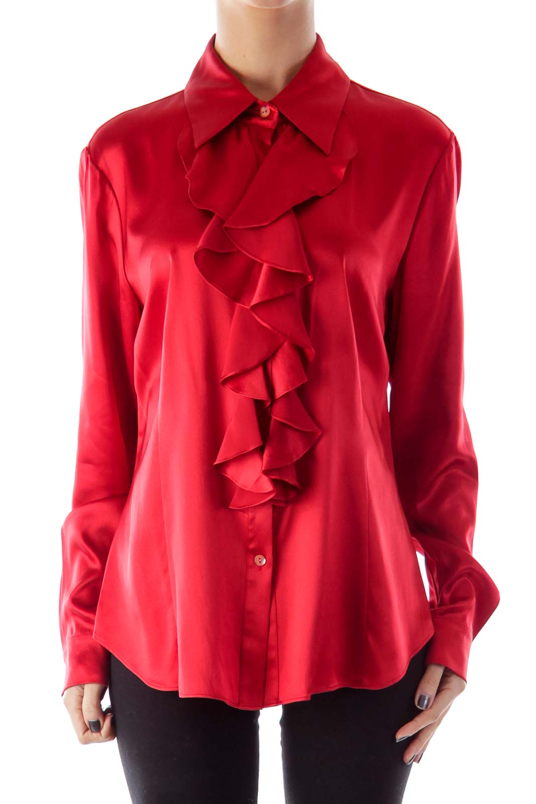 Red Ruffle Silk Blouse Front