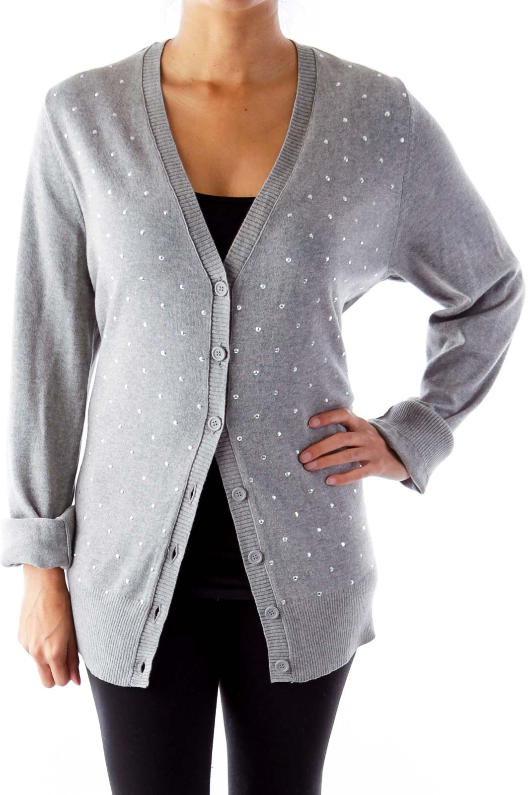 Gray Crystal Embellished Sweater Front