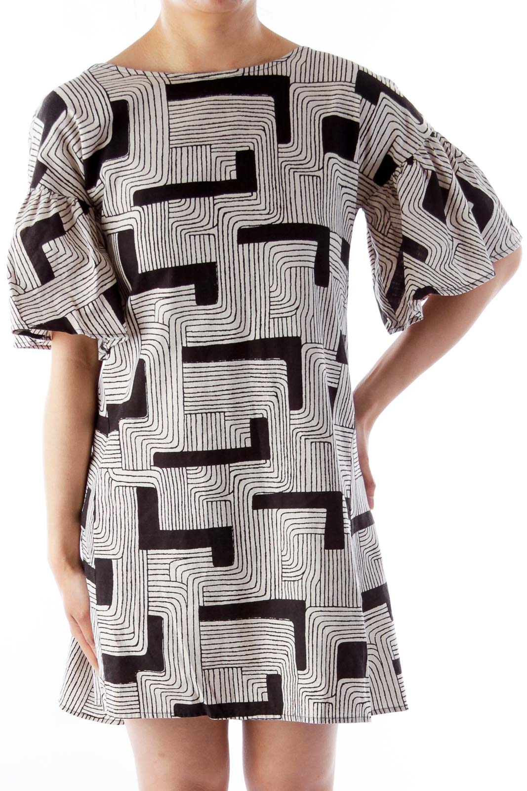 Black & Beige Geometric Print Dress Front
