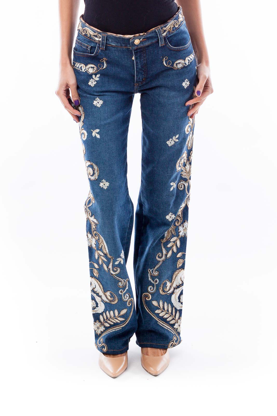 Gold and White Paisley Embroidered Jeans Front