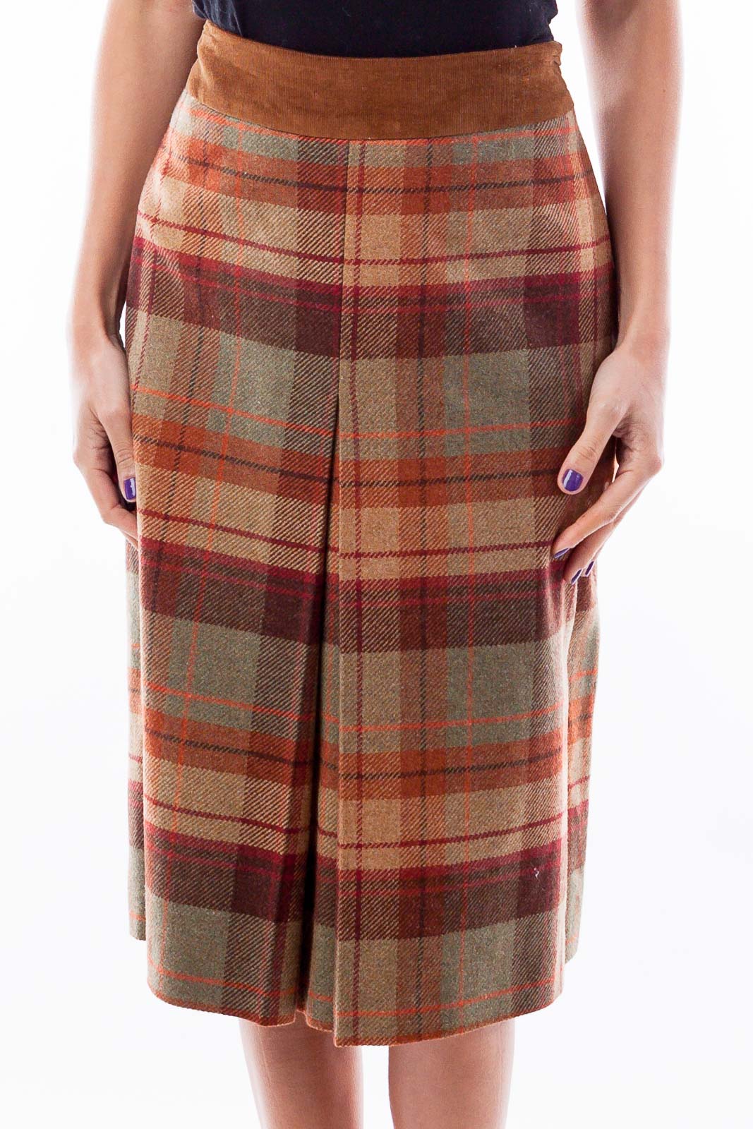Brown & Orange Plaid A-Line Skirt Front