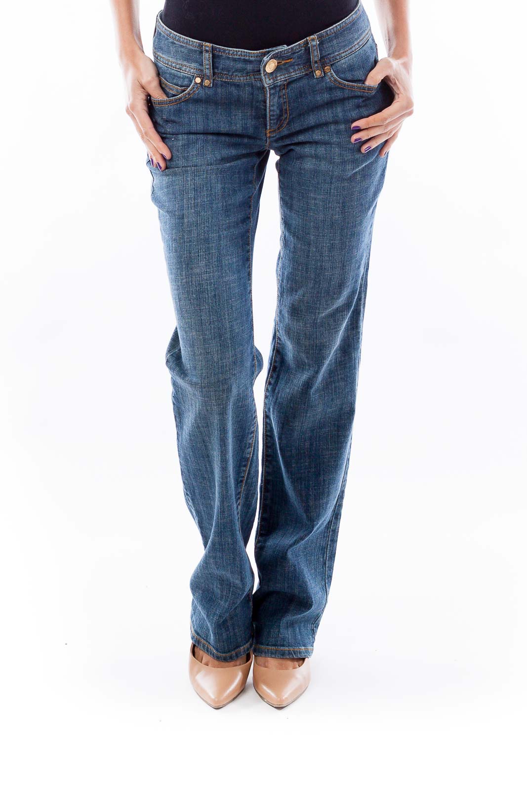 Gold Zipper Pocket Flare Jeans Front