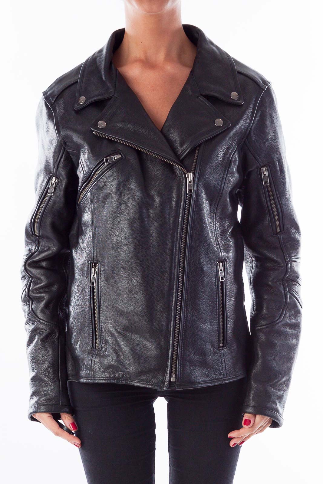 Black Leather Biker Coat Front