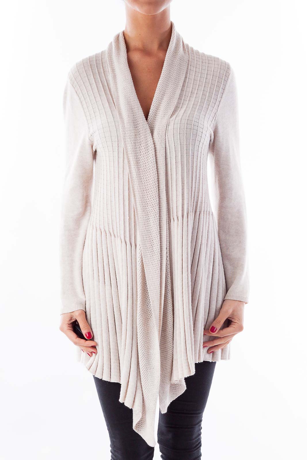 Beige Loose Knit Cardigan Front